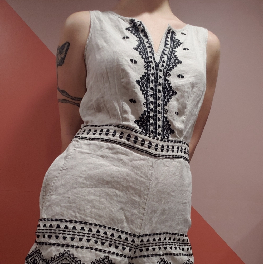 Cream and black linen short romper